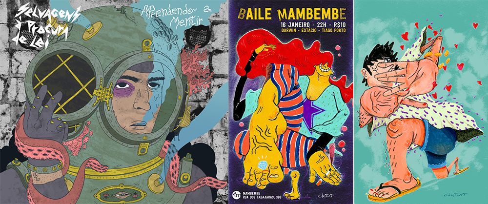 Ilustração para o albúm da banda Selvagens à Procura de Lei e cartazes para o pré-carnaval do Mambembe. Fonte: Daniel Chastinet.