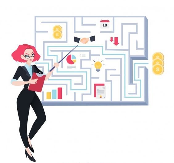 Desenho de uma mulher ruiva apontando para um quadro branco um sistema de negócio e mostrando a importância da confiança
